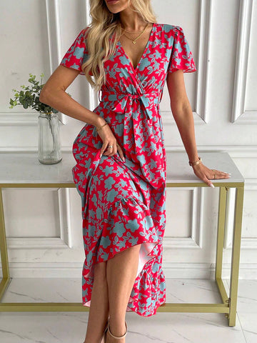 Allover Floral Print Butterfly Sleeve Ruffle Hem Belted Dress