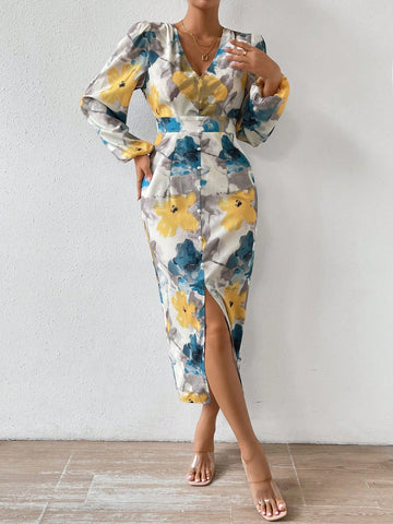 VCAY Allover Floral Print Lantern Sleeve Split Thigh Dress