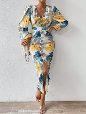 VCAY Allover Floral Print Lantern Sleeve Split Thigh Dress