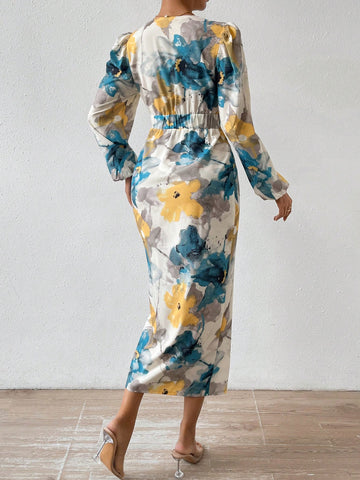 VCAY Allover Floral Print Lantern Sleeve Split Thigh Dress