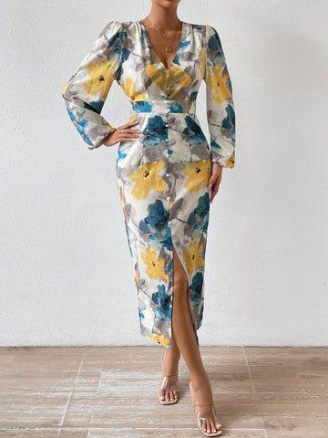 VCAY Allover Floral Print Lantern Sleeve Split Thigh Dress