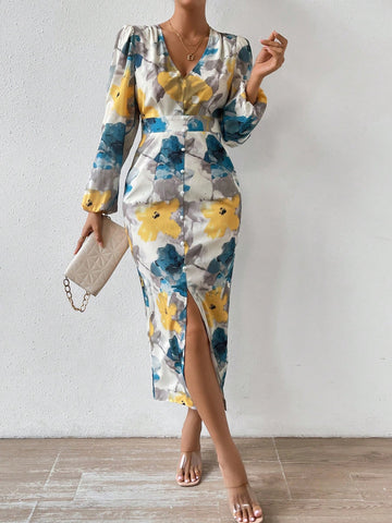 VCAY Allover Floral Print Lantern Sleeve Split Thigh Dress