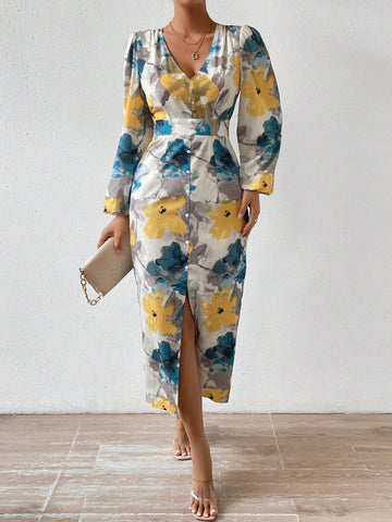 VCAY Allover Floral Print Lantern Sleeve Split Thigh Dress