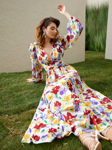 VCAY Allover Floral Print Plunging Neck Ruched Waist Dress