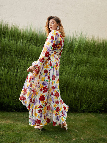 VCAY Allover Floral Print Plunging Neck Ruched Waist Dress