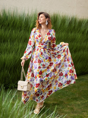 VCAY Allover Floral Print Plunging Neck Ruched Waist Dress