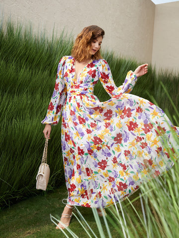 VCAY Allover Floral Print Plunging Neck Ruched Waist Dress