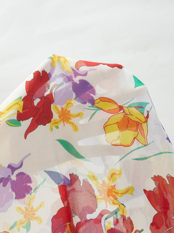 VCAY Allover Floral Print Plunging Neck Ruched Waist Dress