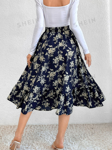 VCAY Allover Floral Print Ruffle Hem Skirt