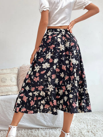 VCAY Allover Floral Print Ruffle Hem Skirt