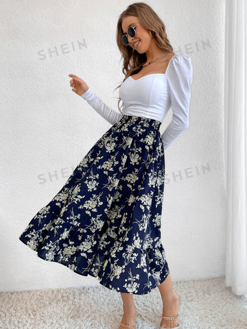 VCAY Allover Floral Print Ruffle Hem Skirt