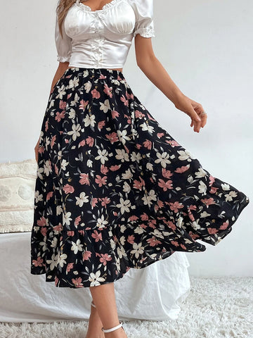 VCAY Allover Floral Print Ruffle Hem Skirt