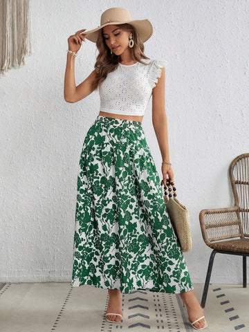 VCAY Allover Floral Print Ruffle Hem Skirt