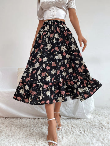 VCAY Allover Floral Print Ruffle Hem Skirt