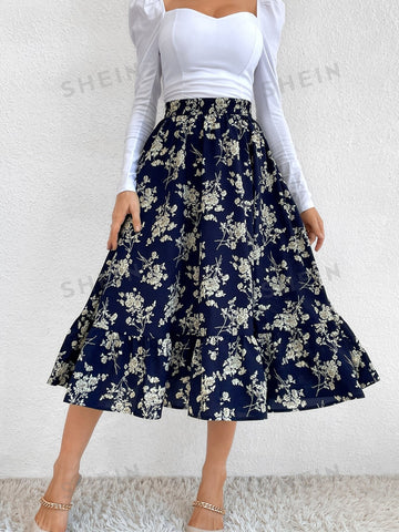 VCAY Allover Floral Print Ruffle Hem Skirt
