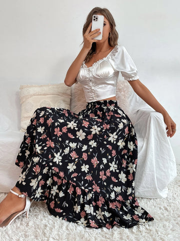VCAY Allover Floral Print Ruffle Hem Skirt