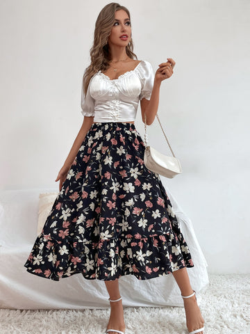 VCAY Allover Floral Print Ruffle Hem Skirt