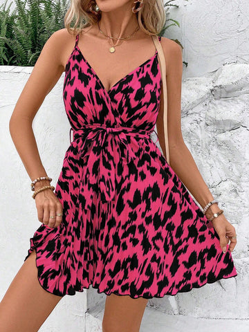 Allover Print Belted Cami Dress For Holiday
