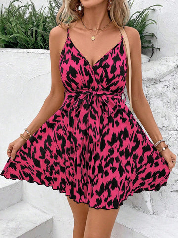 Allover Print Belted Cami Dress For Holiday