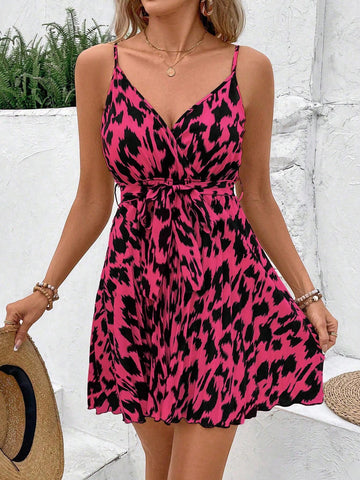 Allover Print Belted Cami Dress For Holiday
