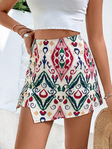 VCAY Allover Print Button Front Skort