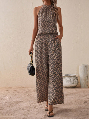 Allover Print Halter Blouse & Wide Leg Pants