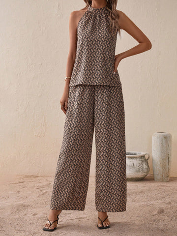 Allover Print Halter Blouse & Wide Leg Pants