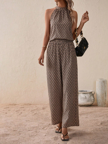 Allover Print Halter Blouse & Wide Leg Pants