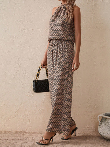 Allover Print Halter Blouse & Wide Leg Pants