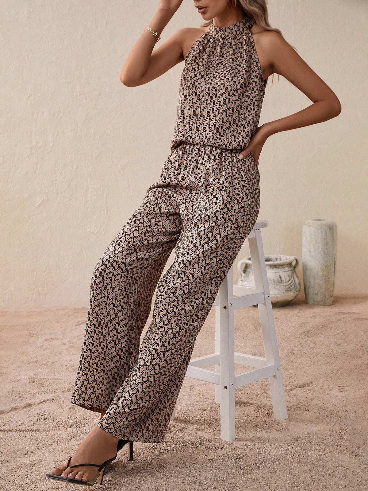 Allover Print Halter Blouse & Wide Leg Pants
