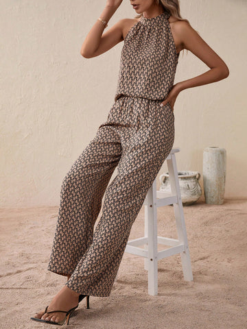 Allover Print Halter Blouse & Wide Leg Pants