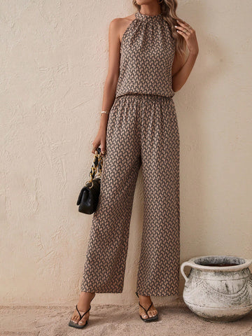 Allover Print Halter Blouse & Wide Leg Pants