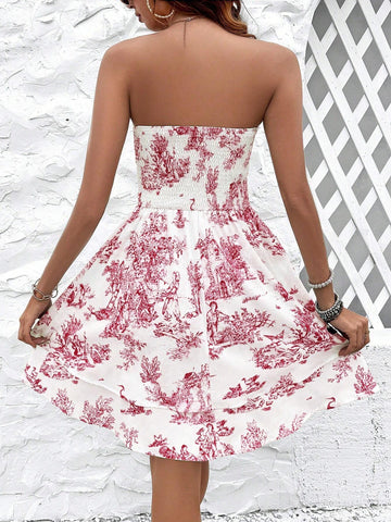 Allover Print Strapless Layered Ruffle Summer Sleeveless Dress