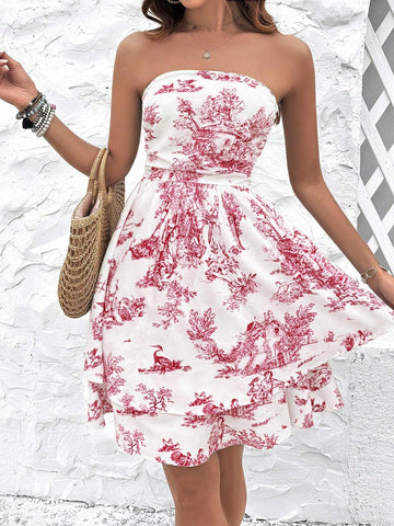 Allover Print Strapless Layered Ruffle Summer Sleeveless Dress