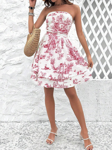 Allover Print Strapless Layered Ruffle Summer Sleeveless Dress
