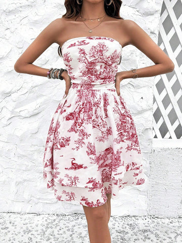 Allover Print Strapless Layered Ruffle Summer Sleeveless Dress