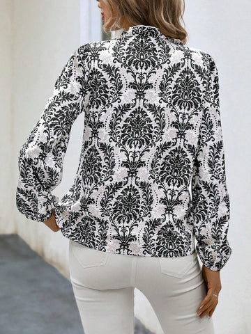 VCAY Allover Print V-Neck Button Front Elegant Long Sleeve Blouse