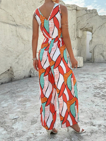Allover Printed V-Neck Sleeveless Jumpsuit