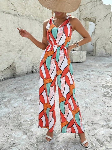 Allover Printed V-Neck Sleeveless Jumpsuit