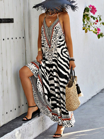 Animal Print Backless Halter Neck Dress