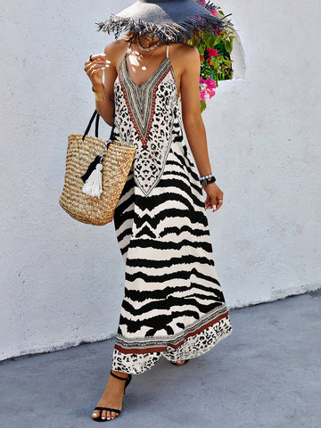 Animal Print Backless Halter Neck Dress