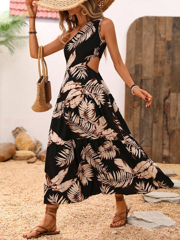 Asymmetric Collar Cut-Out Dress With Plant Print