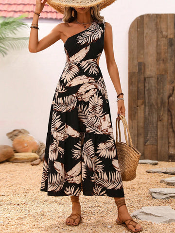 Asymmetric Collar Cut-Out Dress With Plant Print