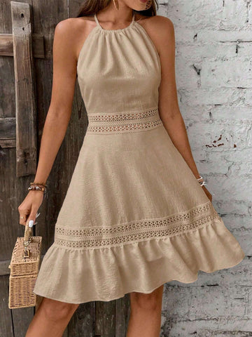 Asymmetric Hem Backless Dress With Splicing Soluble Lace And Lotus Leaf Edge Detailing