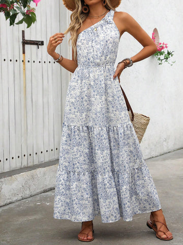 Asymmetrical Shoulder Blue And White Printed Vacation Dress For Women