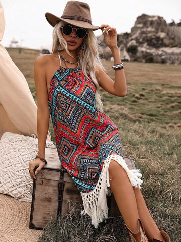 Backless Fringed Halterneck Holiday Style Dress