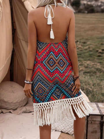Backless Fringed Halterneck Holiday Style Dress