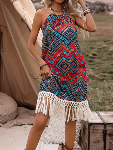 Backless Fringed Halterneck Holiday Style Dress