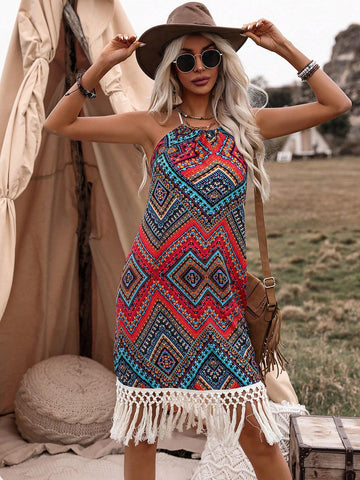 Backless Fringed Halterneck Holiday Style Dress