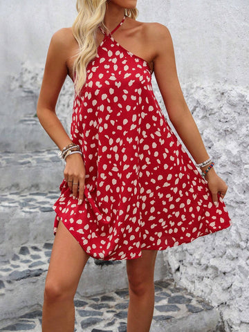 Backless Halter Neck Printed A-Line Dress